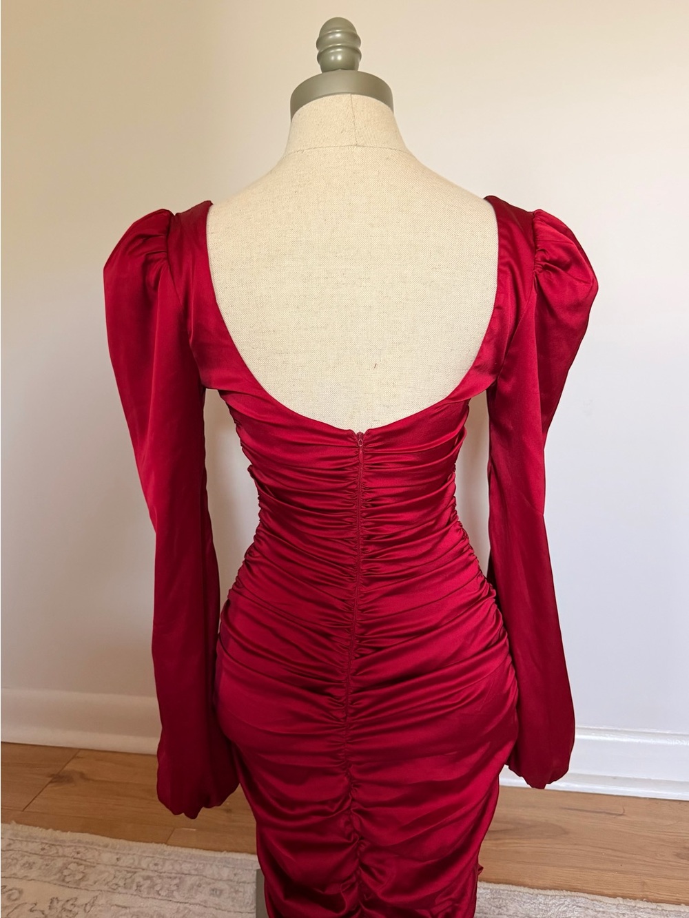 Oh Polly Red Ruched Mini Dress Puff Sleeves - Picture 4 of 4